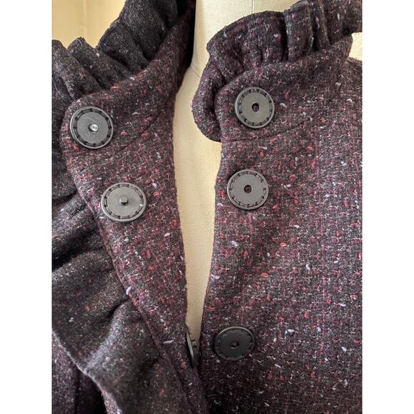 DKNY Vintage Wool Ruffle Tweed Coat Size 2 Cabernet Retro High Neck Jacket - Picture 5 of 8